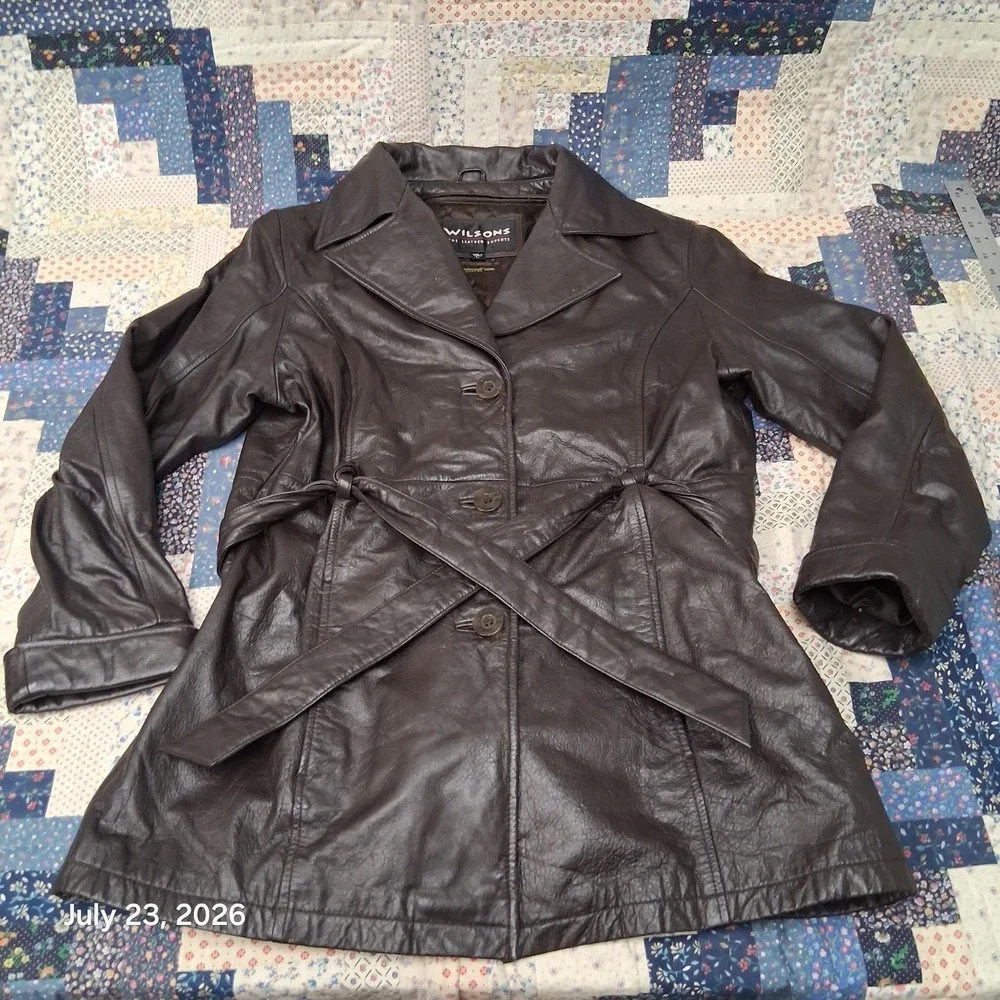 Vintage Wilsons Leather Trench Coat Womens Large Dark Brown Belted Thinsulate